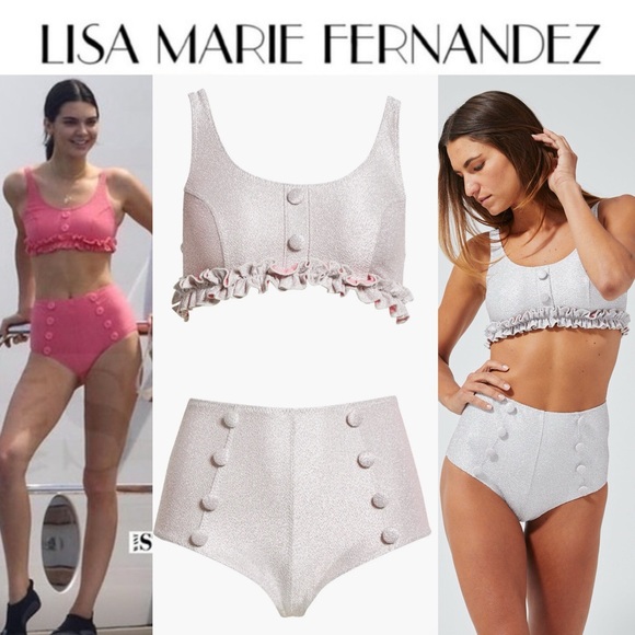 Lisa Marie Fernandez Colby High-Waist Bkini Silver & Pink Metallic Jacquard Sz 1 - Picture 1 of 16